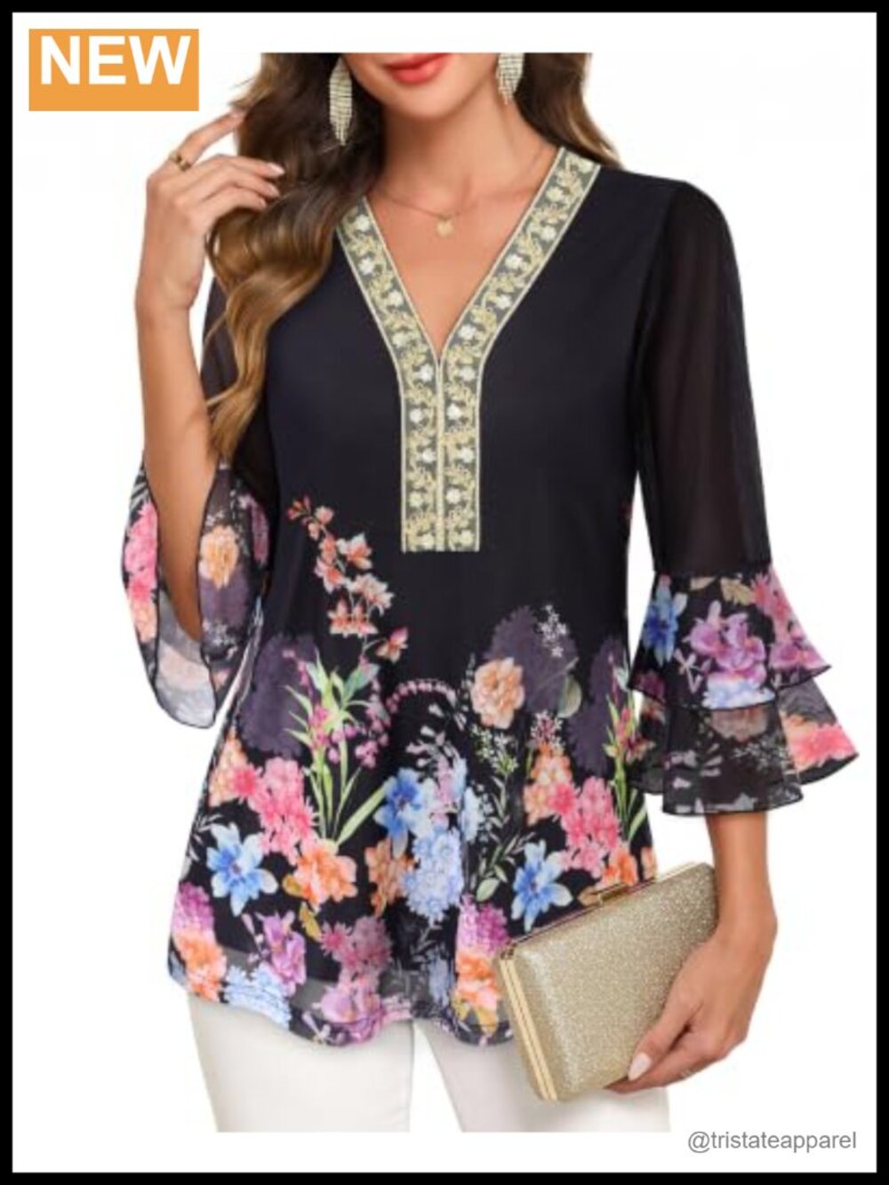 Womens Dressy Casual Ruffle 3/4 Sleeve V Neck Blouse Double Layer Mesh Sequin
